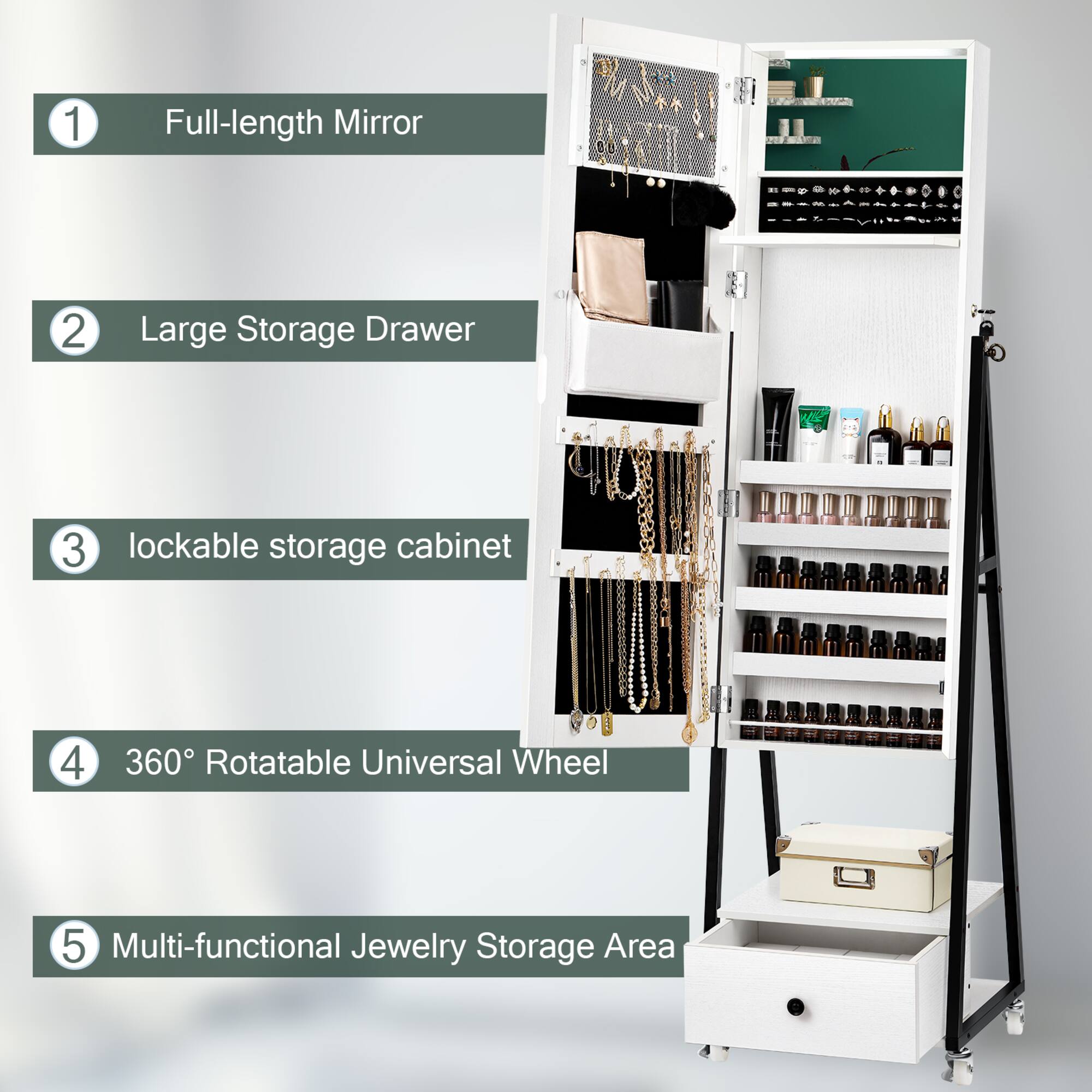 NEX™ 5ft. Pure White Jewelry Armoire on Casters with Chest Drawer